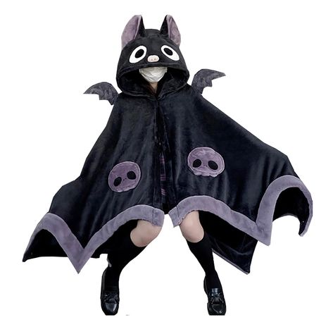 PRICES MAY VARY. Polyester Imported Button closure Hand Wash Only 【MATERIAL】This bat cloak is made of high quality plush, very soft and skin-friendly, very comfortable to touch, and very breathable, can give you a great wearing experience. 【FUNNY DESIGN】This outfit has a lot of fun elements, the hat has a cute face print and cat ears, the shoulder has devil wings like a bat, making this cape look very cute, and the skull is also very funny. 【STYLE】The classic bat look and skull print design make Bat Themed Outfit, Cat Outfits Women, Silly Accessories, Bat Cloak, Bat Outfit, Bat Blanket, Bat Oc, Bat Cape, Bat Hoodie