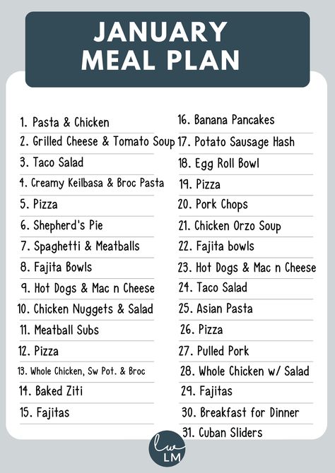 January Monthly Meal Plan - Meal Planning Made Simple Meal Menu For The Week Families, Monthly Meal Plans For Family, Family Meal Planning Monthly Menu Ideas, Yearly Meal Planning, January Menu Plan, January Meal Plan 2024, Monthly Meal Planning On A Budget, February Meal Plan Dinners, Food Calendar Meal Planning