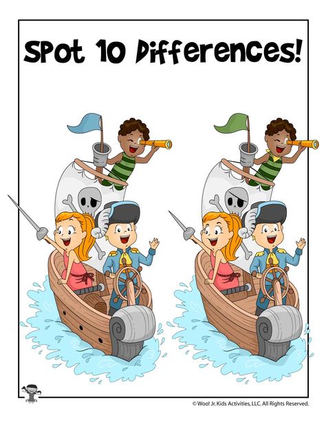 Pirate Game - Spot the Differences | Woo! Jr. Kids Activities Find Different Pictures For Kids, Kids Car Activities, Summer Worksheets For Kids, Pirate Games For Kids, Spot The Difference Kids, Find The Difference Pictures, Pirate Themed Birthday Party, Pirate Coloring Pages, Pirate Activities