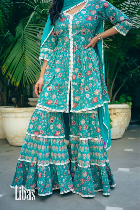 Printed Sharara Suit Indian Designers, Frock Suit Design With Laces, Cotton Sharara Suit Indian Designers, Sharara Kurti Designs Latest, Sharara Suit Designs Latest Cotton, Frock Kurti With Sharara, Kurta Sharara Designs, Elastic Kurti Design, Printed Indian Dress