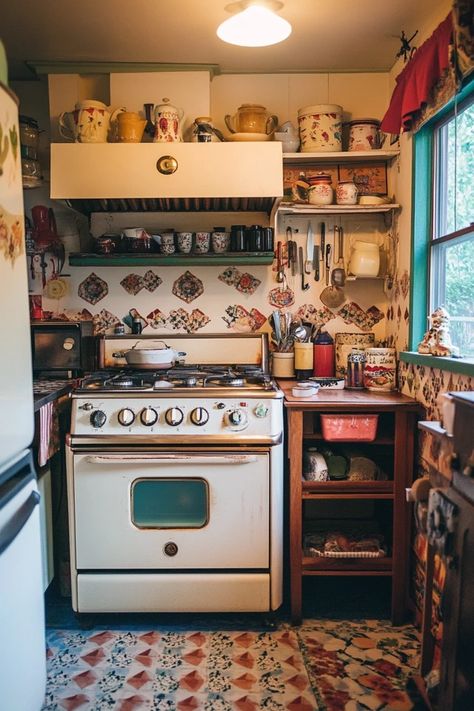 "Transform your kitchen with the timeless appeal of Vintage-Inspired Decor! 🍳🕰️ Ideal for adding character and warmth to your cooking space. 🌿✨ #VintageStyle #KitchenInspo #HomeDecor" Scandi Boho Kitchen, Small Boho Kitchen, Eclectic Dishes, Hippie Living Room, Boho Chic Kitchen, Boho Style Kitchen, Unfitted Kitchen, Boho Kitchen Ideas, Can Life