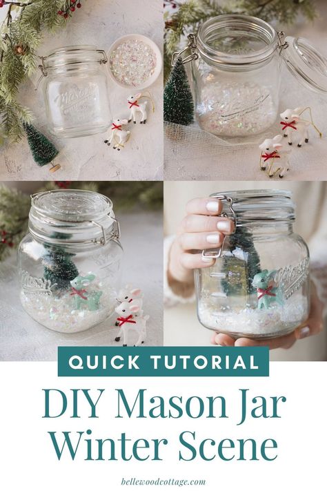 Mason Jar Christmas Scene, Mini Christmas Scene Diy, Christmas In A Jar Decoration, Snow In A Jar, Winter Terrarium, Holiday Mason Jar Crafts, Snowy Mason Jars, Christmas Glass Jars, Holiday Party Crafts