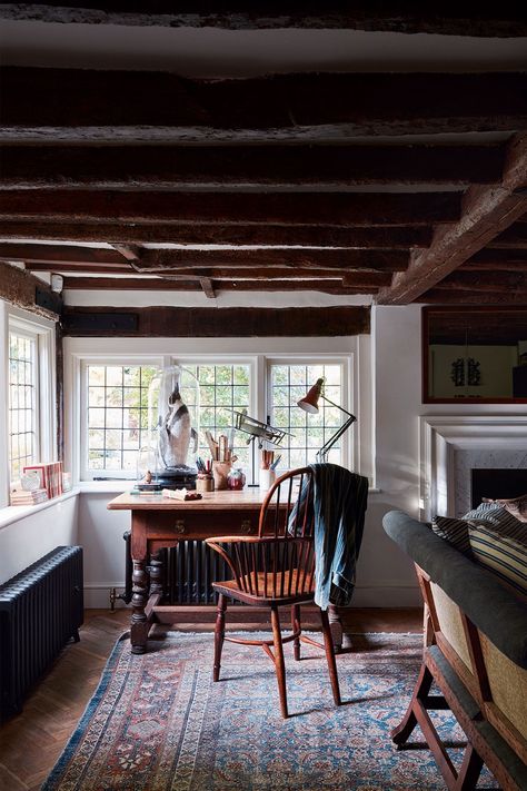 Christopher Howe creates a timeless interior for a higgledy-piggledy house in Bray | House & Garden Anglepoise Lamp, Deco Champetre, Timeless Interior, Eclectic Furniture, Cottage Interiors, Wood Beams, Cozy Cottage, Small Bedroom, Scandinavian Style