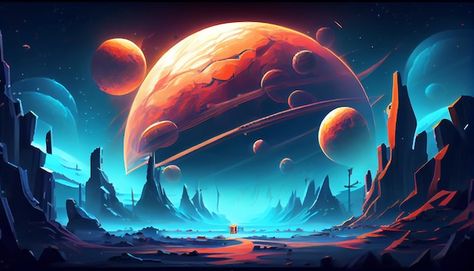 Photo outer space planet 2d background e... | Premium Photo #Freepik #photo #platform-game #cartoon-game #game-art #2d-game Planets Digital Art, Cartoon Space Background, Space Background Drawing, Game Background Design, Space Concept Art, Planets Background, Outer Space Cartoon, Outer Space Landscape, Space Graffiti