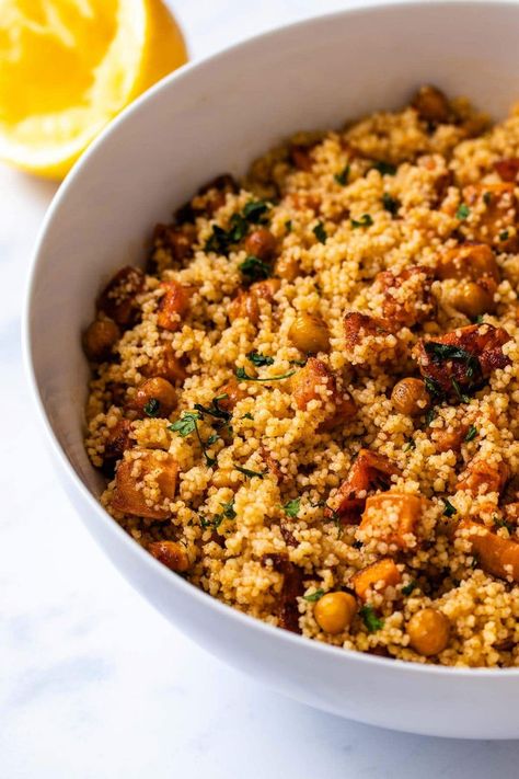 Couscous, Recipes With Couscous Dinners, Chickpea Couscous Recipes, Couscous And Sweet Potato Recipe, Meal With Couscous, Sweet Couscous Recipes, Couscous And Chickpeas Recipes, Chickpea And Couscous Recipes, Sweet Potato Couscous Salad