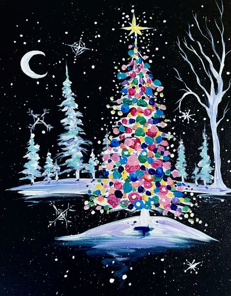 Paint Nite On-Demand: Snowy Christmas Night with Wendy Anderson ART BASH Colorful Christmas Painting, Christmas Drawing On Canvas, Canvas Christmas Painting Ideas For Kids, Winter Christmas Painting, Christmas Paint Night Ideas Easy, Paint Night Ideas Christmas, Easy Holiday Painting, Winter Sip And Paint Ideas, Paint Night Christmas Ideas