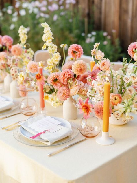 A Summer Bridal Shower Brunch | meagbreanneevents.com Sunset Wedding Table Decorations, Sunrise Flower Bouquet, Pink Garden Party Wedding, Sunrise Wedding Theme, Pastel Hens Party, Floral Engagement Party, Bright Color Wedding Theme, Picnic Moodboard, Bridal Garden Party