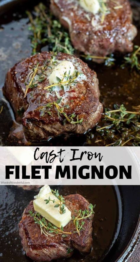 Cooking Filet Mignon in Cast Iron Pan is the easiest way. Pan seared filet mignon gets finished off in the oven for a great outer crust and juicy, tender inside. Top with herbs and butter for the ultimate steak dinner recipe. #filetmignonrecipes #filetmignon #steakrecipes #dinnerrecipes #easydinnerrecipes #lowcarbrecipes #ketorecipes Cast Iron Filet Mignon, Pan Seared Filet Mignon, Cast Iron Skillet Recipes Dinner, Filet Recipes, Steak Dinner Recipes, Cast Iron Skillet Cooking, Filet Mignon Recipes, Iron Skillet Recipes