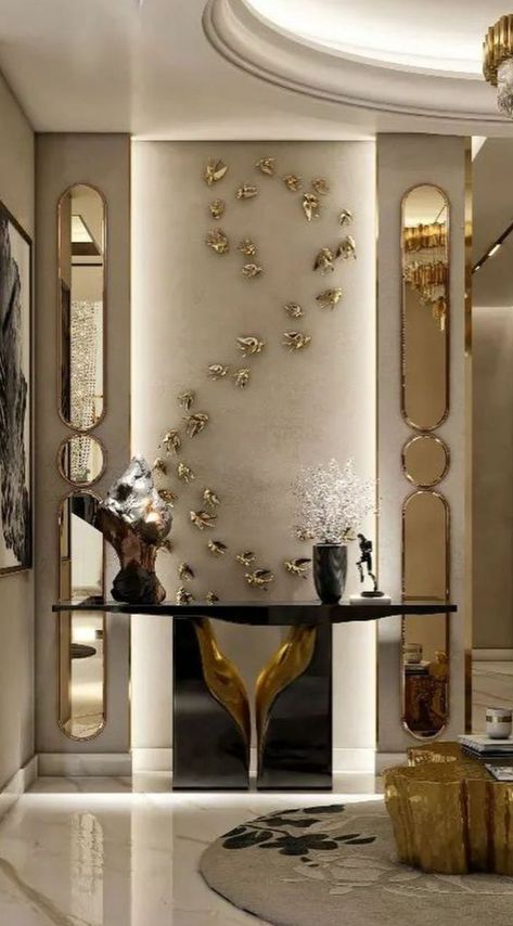 Room Passage Design, Passage Wall Design Modern, Passage Wall Decor Ideas, Entry Passage Design, Entrance Passage Design, Luxury Console Entrance, Passage Wall Design, Foyer Design Modern Entrance, Foyer Wall Decor