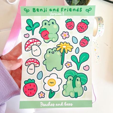 Strawberry Frog Sticker Sheet | Kawaii stickers Kidcore Stickers, Sheet Packaging, Strawberry Frog, Penpal Letters, Frog Stickers, Homemade Stickers, Pen Pal Letters, Stickers Sheet, Stickers Kawaii