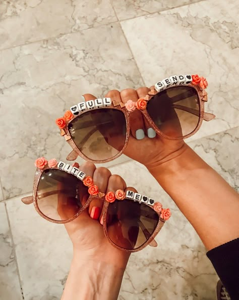 DIY Beaded Sunglasses | Arrows & Awe diy sunglasses Diy Sunglasses, Diy Glasses, Beaded Sunglasses, Round Lens Sunglasses, Cat Eye Colors, Fake Glasses, Personalized Sunglasses, Metal Frame Glasses, Cute Sunglasses