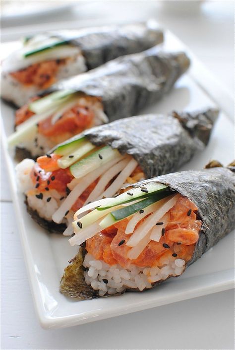 Spicy Tuna Hand Rolls / Bev Cooks - love sushi but not really into the raw fish so will do a tad of modifying. Great commentary with the recipe. I promise you will be amused. Tuna Hand Roll, Japanese Desserts, Best Seafood Recipes, Spicy Tuna, Sushi Recipes, Roll Recipe, Japanese Cooking, Think Food, White Plate