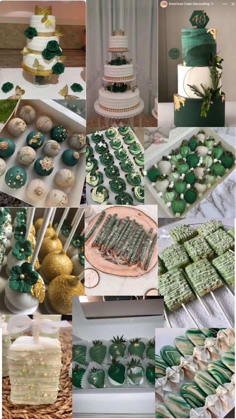 Sweet 16 Party Emerald Green, Green Cakes For Quinceanera, Prom Sweet Table Ideas, Emerald Green Snack Table, Sweet 16 Forest Green, Emerald Green Quinceanera Dessert Table, Green Xv Decorations, Sweet 15 Enchanted Forest Theme, Emerald Green Quinceanera Theme Backdrop