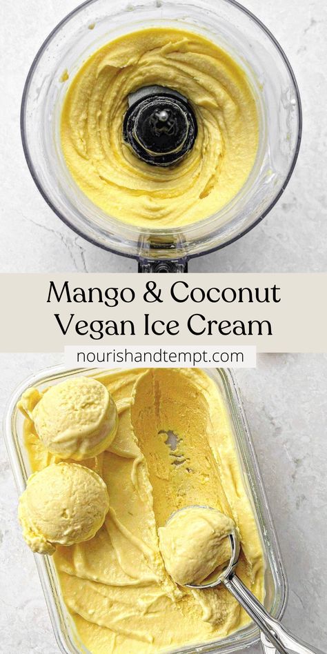 Vegan mango coconut ice cream in a food processor and ready-to-serve in a container. Coconut Cream Vegan Recipes, Vegan Coconut Milk Ice Cream, Healthy Coconut Milk Ice Cream, Ice Cream Vegan Recipe, No Churn Coconut Milk Ice Cream, Meals With Coconut Milk, Vegan Recipes With Coconut Milk, Silken Tofu Ice Cream, Vegan Coconut Milk Recipes