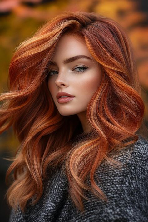 fall hair colors, hair trends, hair inspiration Autumn Copper Hair Color, Auburn Copper Hair With Blonde Highlights, Copper Red Hair With Blonde Highlights, Auburn Copper Hair With Highlights, Fall Red Hair Color Autumn Highlights, Red Hair Orange Highlights, Bright Copper Balayage, Strawberry Blonde Hair Brown Eyes, Winter Copper Hair