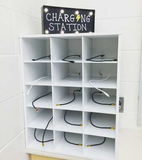 Classroom management, cell phone charging station                                                                                                                                                                                 More Phone Organization Ideas, Charging Station Ideas, Nightstand Charging Station, Charging Station Organizer, Charger Organizer, Phone Charging Station, Rose Gold Phone Case, Phone Logo, Senior Home Care