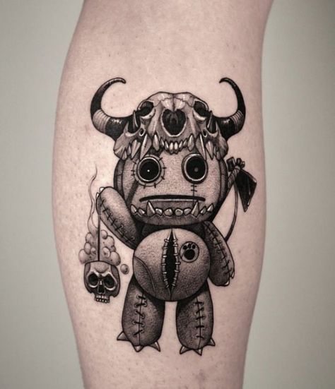 Cartoon Style Tattoos, Monster Tattoo Ideas, Doll Tattoo Ideas, Creepy Tattoo Designs, Horror Tattoo Design, Voodoo Doll Tattoo, Forearm Cover Up Tattoos, Voodoo Tattoo, Tattoos Cool