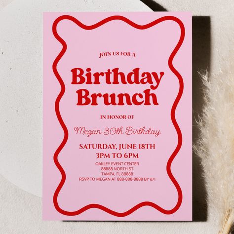 Aesthetic Brunch Party, Brunch Pink Theme, Pink Red Invitation, Pink Red Party Decorations, Brunch Birthday Party Invitation, Pink Red Birthday Party, 25 Birthday Invitations, Brunch Party Invitations, Birthday Brunch Aesthetic