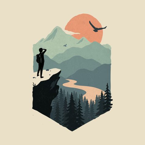 Check out this awesome 'Vast+Views' design on @TeePublic! #mountains #nature #hiking #sunset #wilderness #outdoors #camping Woodlands Wallpaper, Illustration Design Graphique, Wallpaper Seni, Trail Design, Arte Indie, Posca Art, Lukisan Cat Air, Art Et Illustration, Landscape Illustration