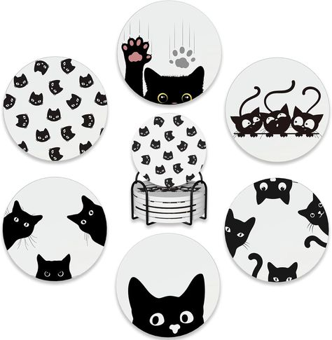 Amazon.com: Drink Coasters Set of 6 with Holder,Cute Black Cat Absorbent Ceramic Coasters with Cork Base,Fit All Cups,Tabletop Protection Mat for Mugs and Cups,Office,Kitchen : Home & Kitchen Coffee Coaster Ideas, Easy Coaster Painting, Ceramic Coaster Painting Ideas, Diy Painted Coasters, Painting Coasters Ideas, Polymer Clay Coasters, Coaster Painting, Metal Coaster, Pottery Painting Ideas