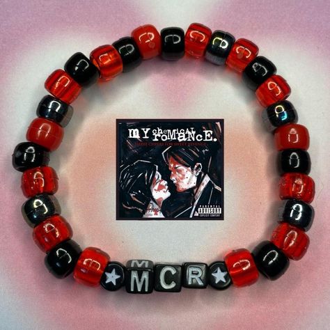 My Chemical Romance Kandi Bracelet - Handmade by... - Depop Mcr Kandi Bracelets, Christmas Kandi Bracelets, Random Words To Put On Bracelets, My Chemical Romance Bracelet, Band Kandi Bracelets, Kandi Singles Ideas Emo, Horror Kandi, Emo Bracelet Ideas, Kandi Inspo Cuff