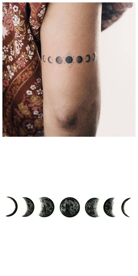 Faces Of Moon Tattoo, Moon Phases Tattoo Arm Band, Moon Cycles Tattoo, Moon Fazes Tattoos, Small Moon Phase Tattoo, Simple Moon Phases Tattoo, Lunar Phases Tattoo, Lunar Cycle Tattoo, Moon Face Tattoo