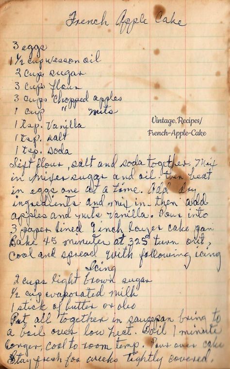 Cake With Eggs, Boiled Icing, Apple Cake Recipe Easy, French Apple Cake, Grandma Cooking, Recipe Paper, Heirloom Recipes, Cake Layers, Handwritten Recipes