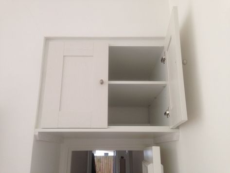 Hallway Overhead Storage, Storage On Back Of Door, Bathroom Storage Above Door, Above The Door Storage, Above Door Storage Ideas, Storage Above Door, Above Door Storage, Overdoor Storage, Space Saving Furniture Tiny Houses