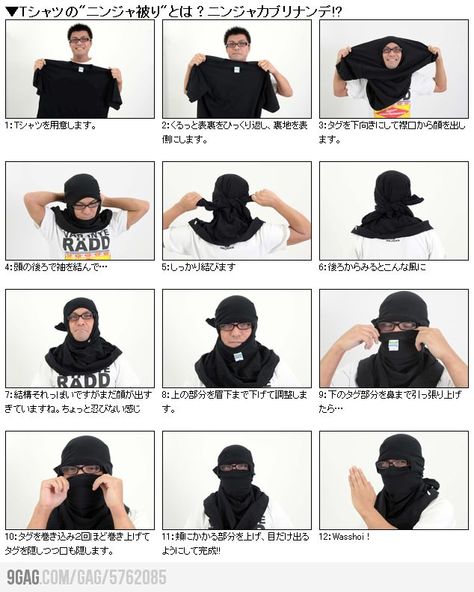 How to turn your t-shirt into a ninja mask. XD not something i would do but haha, i guess if you're totally desperate? Masks Kids, Arab Scarf, Ninja Mask, The Mask Costume, Ninjago Birthday, Ninjago Party, Ninja Birthday, Ninja Party, Ninja Art