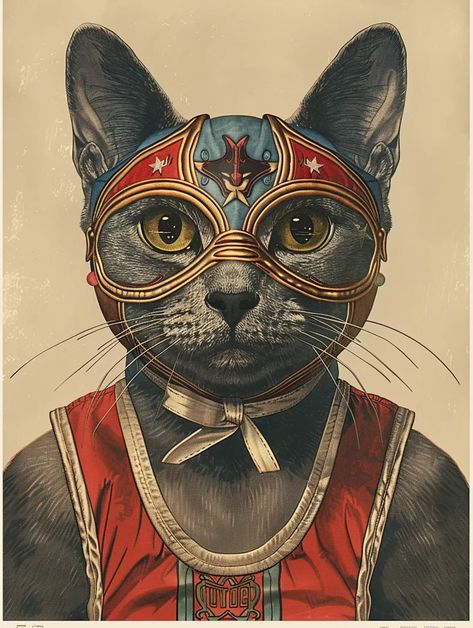 Midjourney AI Image: A grey cat wearing red wrestling shorts and a luchador mask, vintage illustration in the style of Jo... → more in ai-img-gen.com Wrestling Shorts, Intense Eyes, Serious Expression, Cat Images, Red Tank Top, Blue Mask, Grey Cat, A Black Cat, Red Tank