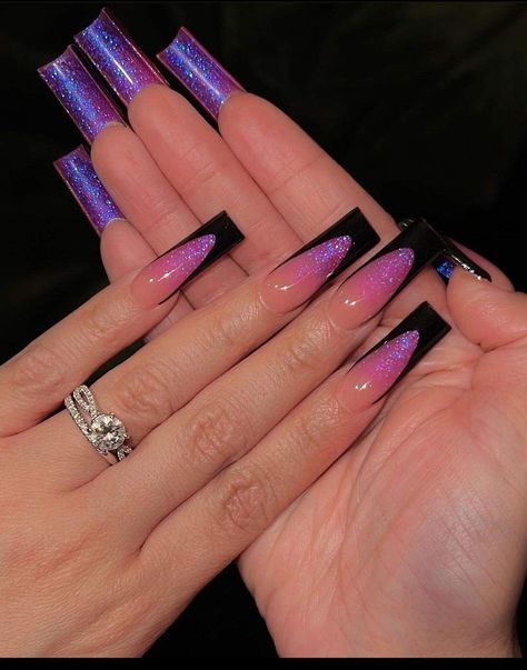 Dark Purple And Black French Tip Nails, Nail Designs No Extensions, Nail Art Purple And Black, Black Nails With Pink French Tip, Long Acrylic Nail Designs Purple, French Tip Dark Purple, Purple Aesthetic Nails Acrylic, Dark Purple Square Acrylic Nails, Purple Bottom Nails