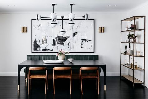 Arent&Pyke on Instagram: “It's a white tie event in this dreamy dining room. We'll never get enough of this feast space, painted in a monochromatic scheme of black…” Sofa In Dining Room, Green Banquette, Dining Room Banquette Seating, Organic Dining Room, Dining Room Banquette, Film Decor, Dining Room Ideas, Rooms Ideas, Design Blogs