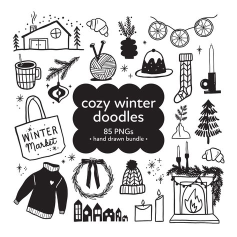 Christmas Doodle Illustration, Easy Winter Doodles, Winter Doodles Easy, Easy Tattoo, Doodle Clipart, Planner Doodles, Hygge Christmas, Hand Drawn Elements, Winter Pins