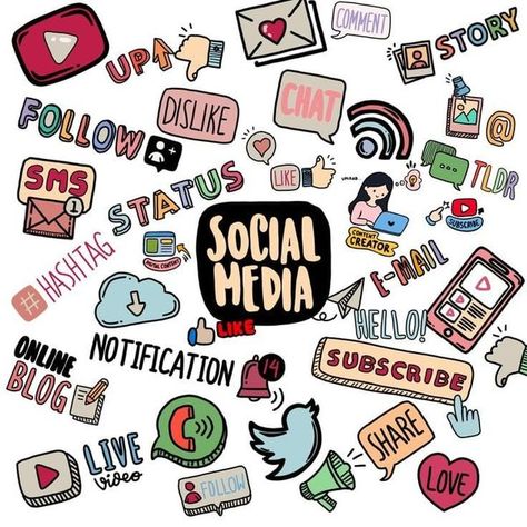 Social Media Doodle Art, Social Media Decorations Ideas, Netiquette Poster Drawing, Netiquette Poster Design, Ict Stickers, Ict Poster, Social Media Poster Drawing, Social Media Cartoon, Social Media Doodle