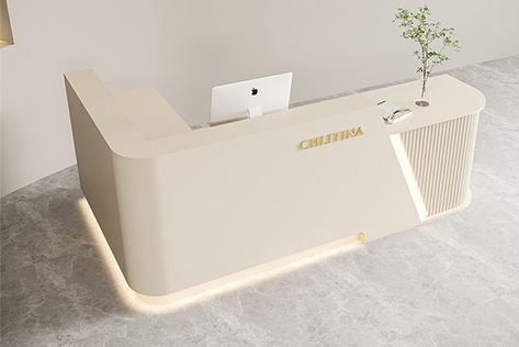 reception desk for salon ss Corner Reception Desk Design, Office Counter Design Small Spaces, L Shape Reception Desk, Standing Reception Desk, L Shaped Reception Desk, Office Reception Desk Designs, Corner Reception Desk, Spa Reception Area, Office Counter Design