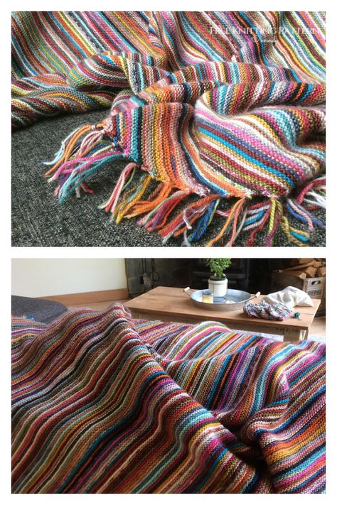 Scrappy Excavation Blanket Free Knitting Pattern Scrap Knitting Blanket, Scrappy Knitted Blankets, Scrap Yarn Blanket Knit Free Pattern, Scrappy Blanket, Knit Blanket Pattern Easy, Knitted Throw Blanket, Knit Scrap Blanket, Scrap Yarn Blanket, Hippy Blanket