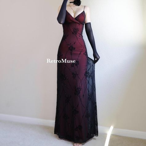 Burgundy Black Prom Dress, Vintage Prom Dresses In Black, Lace Black Prom Dress, Vintage Vampy Prom Dress, Black And Red Vintage Dress, Red And Black Premiere Dress, 80 Prom Dress, Red And Black Dresses Formal, Red Dress With Black Mesh Overlay Prom