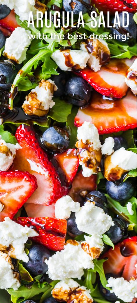 Salads Using Arugula, Strawberry Salad With Goat Cheese, Arugula Salad Strawberry, Arugula Salad With Strawberries, Salad With Strawberries And Blueberries, Things To Do With Arugula, Keto Berry Salad, Arugula Berry Salad, Arugula Salad With Berries