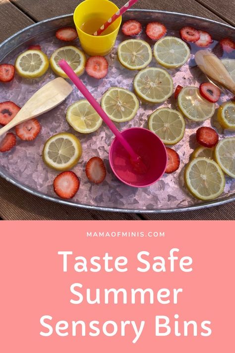 Strawberry Lemonade Sensory Bin Fruit Sensory Bin, Summer Sensory Bin Ideas, Summer Sensory Bins, Sensory Bins For Babies, Water Sensory Bin, Summer Sensory Bin, Summer Sensory, Lemonade Water, Sensory Bin Ideas