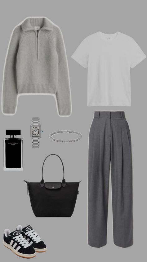 grey zip up sweater paired with dark grey pants, a white top , black campus 00’s and a black longchamp le pilage bag Student Outfit, University Outfit, Muslim Outfits Casual, Muslim Outfits, Day To Day, University Student, To Day, School Fashion, Casual Everyday