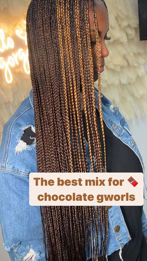 30 Braiding Hair Color Knotless, Braids Color Ideas For Black Women, Tri Color Braids For Black Women, Box Braid Mixed Color, Chocolate Braids Hair, Color 33 And 27 Box Braids, Mixed Colored Box Braids On Dark Skin, Color 4 Box Braids, 33 Hair Color Box Braids