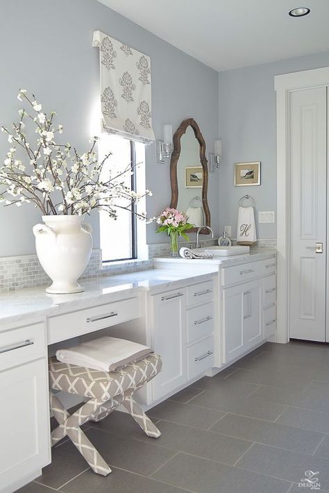 transitional white bathroom white cabinets carrara marble counter tops benjamin moore silver lake. #benjaminmooresilverlake Light Blue Grey Paint, Blue Gray Paint Colors, White Bathroom Cabinets, Blue Gray Paint, Beach Shells, Best Bathroom Vanities, Bathroom Paint Colors, Gray Paint, Decor Baie