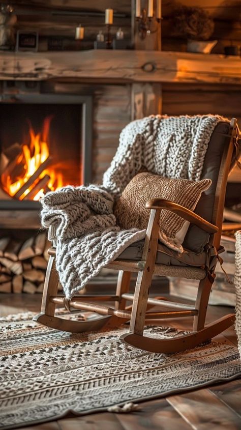 Cozy winter cabin interior with rocking chair by fireplace, knitted throw, wooden floors, and rustic ambiance. A perfect retreat for chilly evenings. Hanging Curtains Without Rods, Curtains Without Rods, Log Walls, How To Hang Curtains, Cozy Winter Cabin, Hang Curtains, Wooden Rocking Chairs, Winter Cabin, Autumn Lights