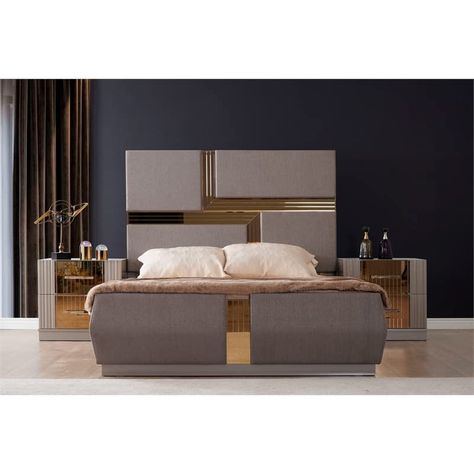 PRICES MAY VARY. Includes : Queen Size Bed Without Wings Luxurious Design Color Tone - Metallic River Sand Gray Frame Material : Solid + Manufactured Wood Headboard Decorated with Minimalist Geometric Accents "Welcome to a new era of bedroom furniture. Expertly crafted with artistic influence using premium materials for assured quality. This bedroom set is a true spectacle of art. Designed with Metallic River sand-colored imprinted premium upholstery and beautiful bronze mirror accents, this pre Beautiful Bed Designs, Contemporary Bedroom Sets, Wood Bedroom Sets, Headboard Decor, Bronze Mirror, King Bedroom Sets, Bedroom Sets Queen, King Bed Frame, Queen Bedroom