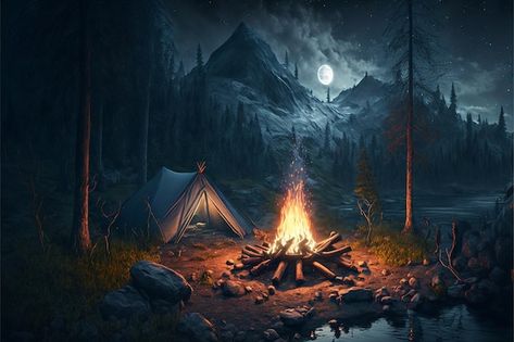 Ushuaia, Campfire In Woods, Fantasy Campfire, Campfire Landscape, Camping Illustration Art, Camp In Forest, Fantasy Camping, Camp Background, Camping In Forest