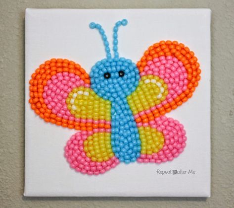 Canvas Pony Bead Art Pony Bead Butterfly, Diy Butterfly Decor, Diy Butterfly Decorations, Slumber Party Activities, Bead Butterfly, Repeat Crafter Me, Pony Bead Crafts, Bead Diy, Diy Butterfly