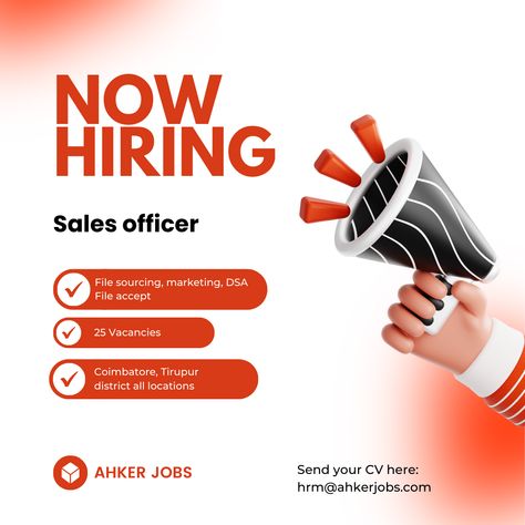 Urgently hiring now:  *JOB*:sales officer (File sourcing, marketing,DSA File accept) *Terms and conditions*: minimum business required, after 3 months TA will will released based on performance *NO OF VACANCIES*:25 *LOCATION*: Coimbatore, Tirupur district all locations (Udumalai, Pollachi, palladam, Tirupur,avinashi,mettupalayam,sathy,annur) Call: +91 9677897205 Send resume: ahkerhr@gmail.com https://www.ahkerjobs.com/job/sales-officer-3/ Amazon Jobs From Home, Sales Executive, Amazon Jobs, Jobs From Home, Online Resume, Find Amazon, Higher Income, Hiring Now, After 3