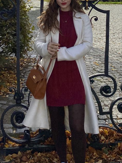 Red Dress White Coat, Burgundy Classy Outfit, Red Coat Outfit Aesthetic, Old Money Valentines Day Outfit, Old Money Red Outfit, White Coat Outfit Winter, White Coat Outfit Classy, Red And White Outfit Classy, Bsd Clothes