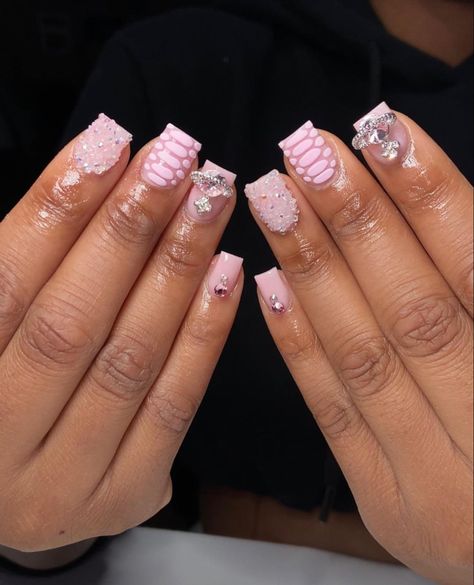 pin: princessmiraaclee Short Acrylic With Charms, Pink French Tip Nails Charms, Pink Nails Prom, Short Nails With Charms, Acrylic Nails With Gems, Nail Designs With Gems, Short Pink Nails, Cute Pink Nails, Cute Short Nails