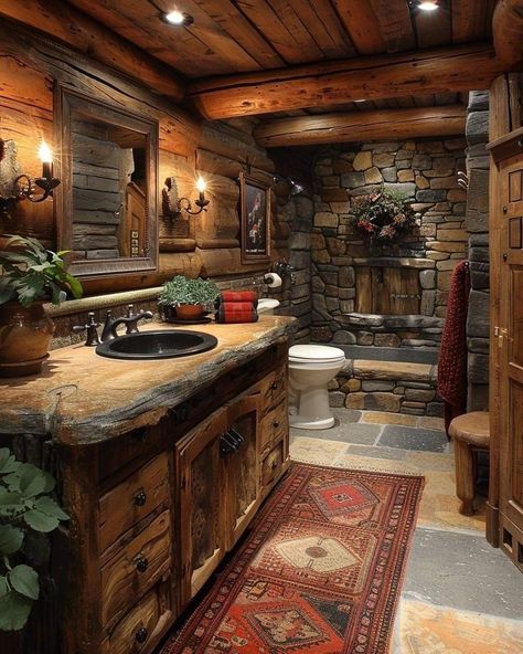 Log House Bathroom, Rustic Log Cabin Interior, Log Cabin Bathroom Ideas, Log Cabin Bathrooms, Log Home Bathroom, Rustic Cabin Bathroom, Log Cabin Bathroom, Rustic Bathroom Ideas, Rustic Bathroom Remodel